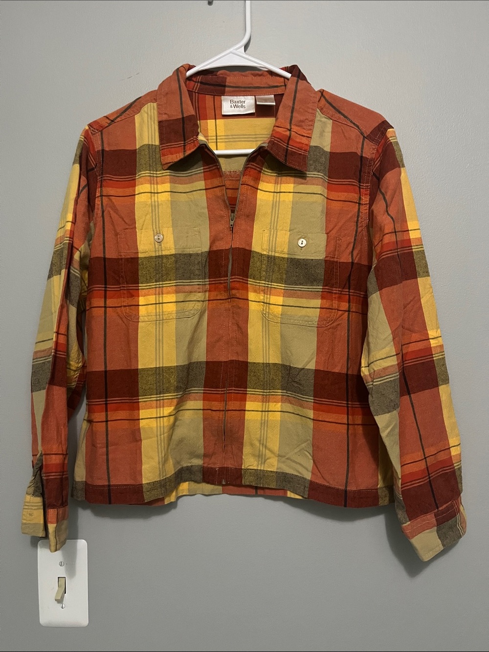 Baxter & Wells Orange Plaid Zip-Front Shirt
